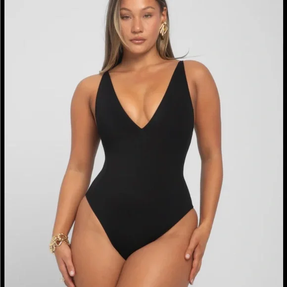 Women’s Black V-Neck One-Piece Swimsuit - Picture 1 of 4